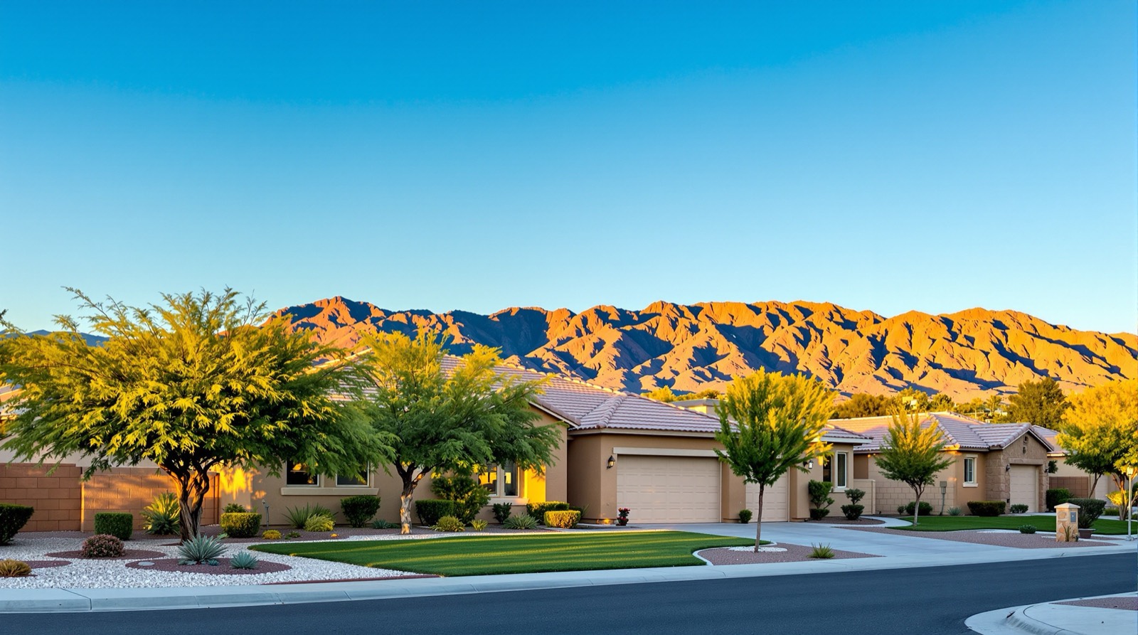 East Valley Arizona neighborhood with green lawns and desert mountains behind, near Mesa