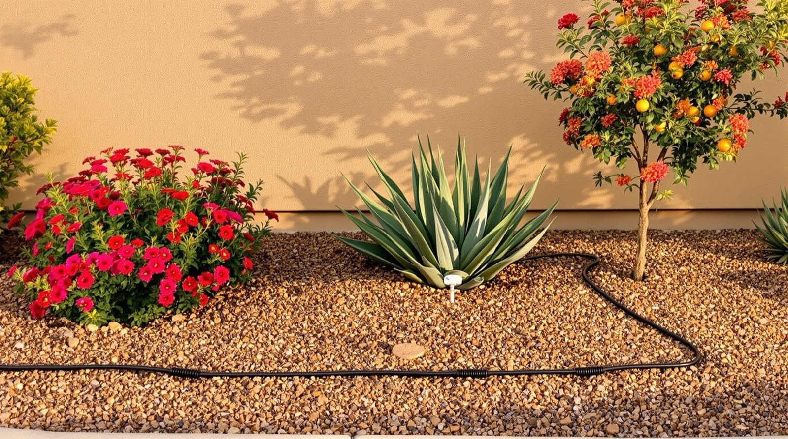 Drip irrigation line running through gravel to desert planting and citrus in Chandler, Arizona