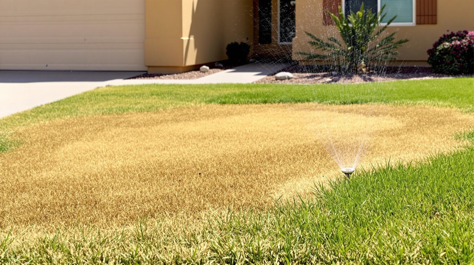 Large dry brown patch in a green front lawn caused by a failed sprinkler head in Gilbert, Arizona