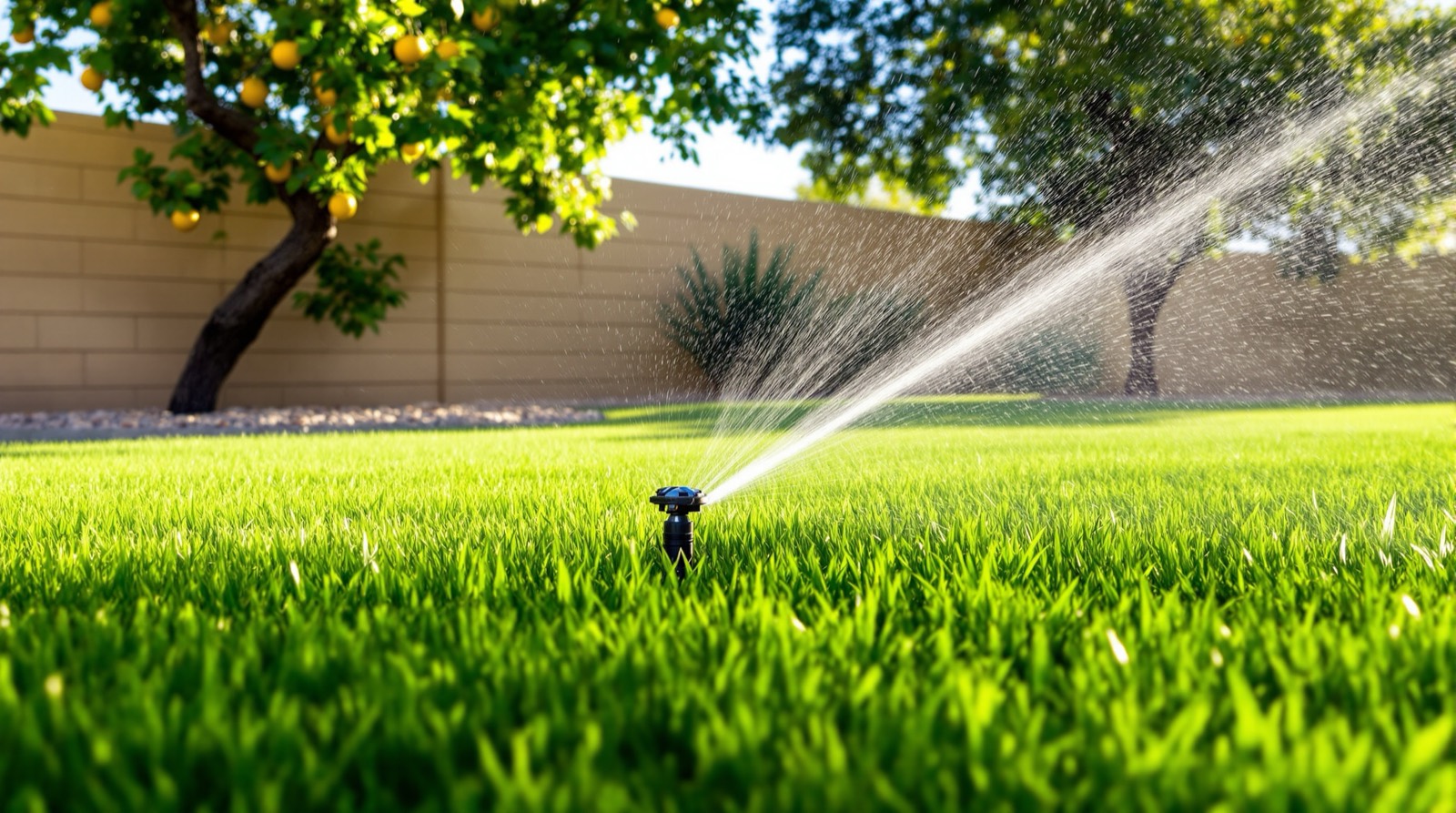 Gear-drive rotor sprinkler watering a green Bermuda lawn in a Mesa, Arizona back yard