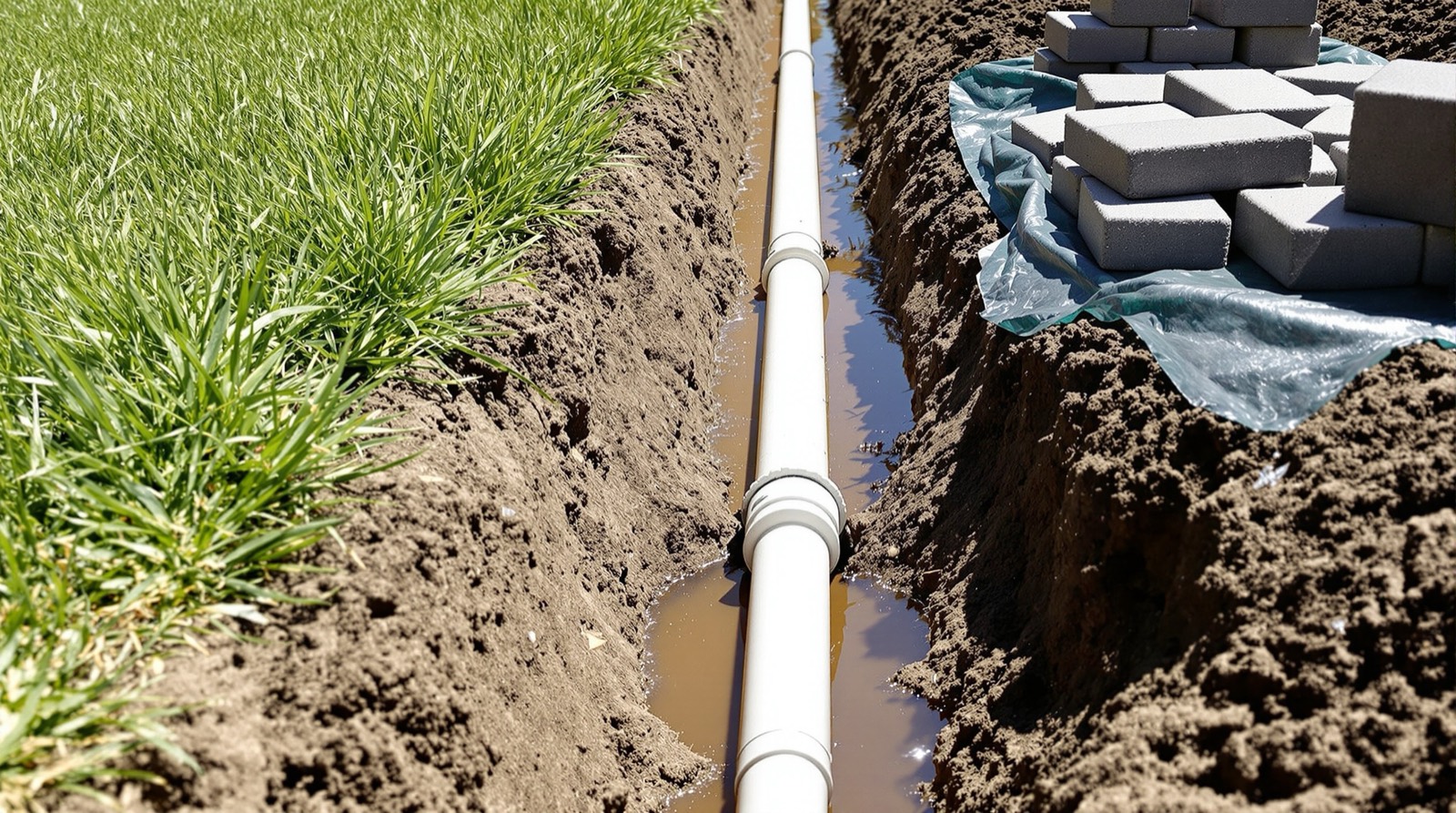 Repaired white PVC irrigation lateral line in an open trench across a lawn in Tempe, Arizona