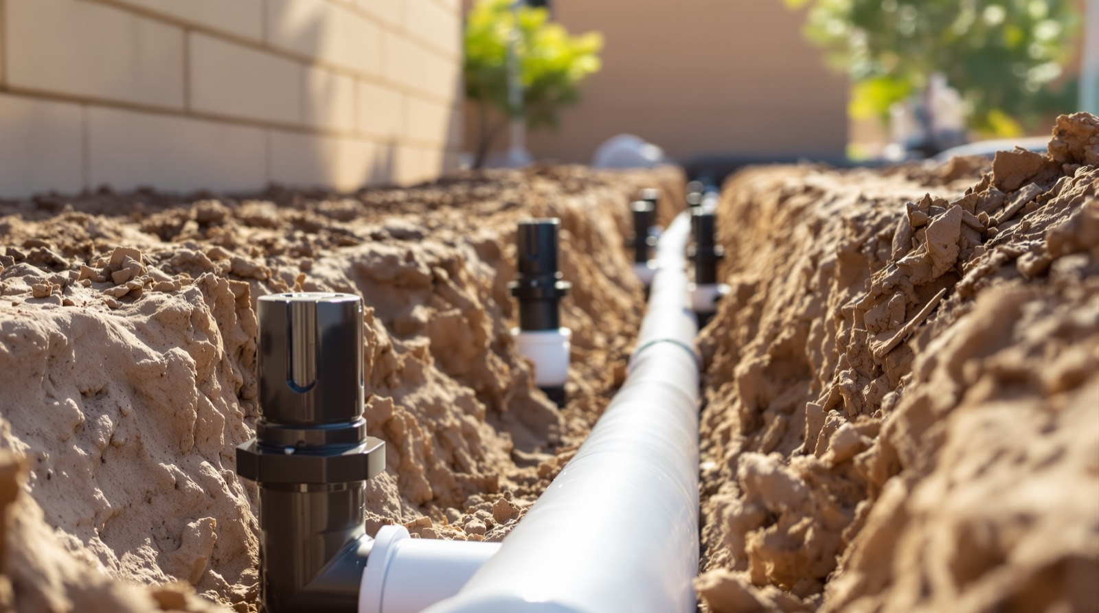 New PVC irrigation mainline and sprinkler risers in trenches before backfill in Queen Creek, Arizona