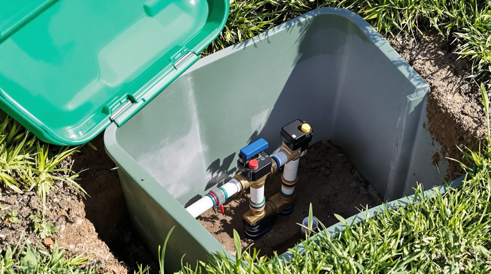 Open irrigation valve box showing the valve manifold and PVC plumbing in Mesa, Arizona