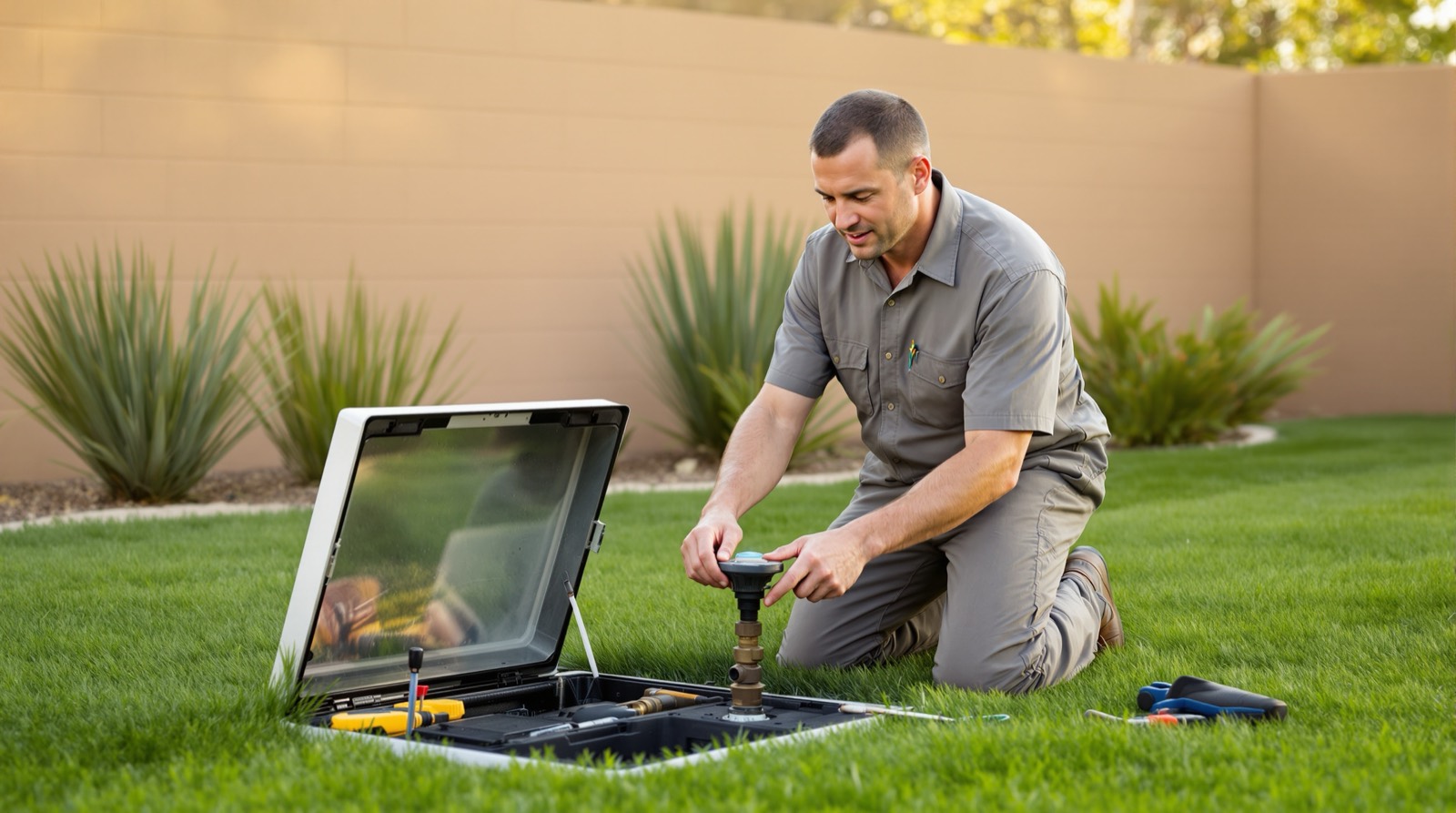 Irrigation technician kneeling at an open valve box in a green East Valley back yard