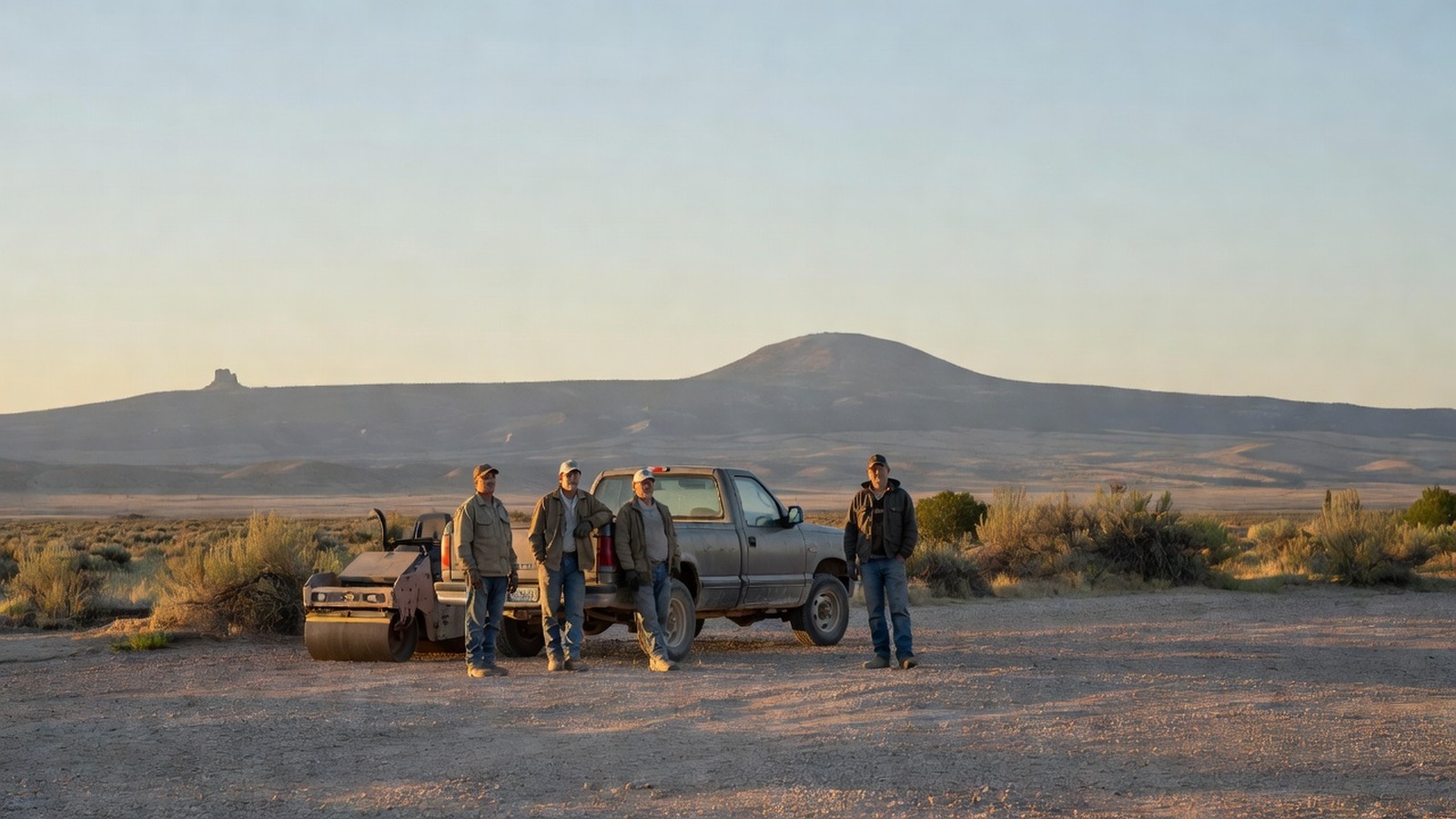 Mark Reyes and the Sleeping Ute Paving crew with Sleeping Ute Mountain on the horizon near Cortez, Colorado