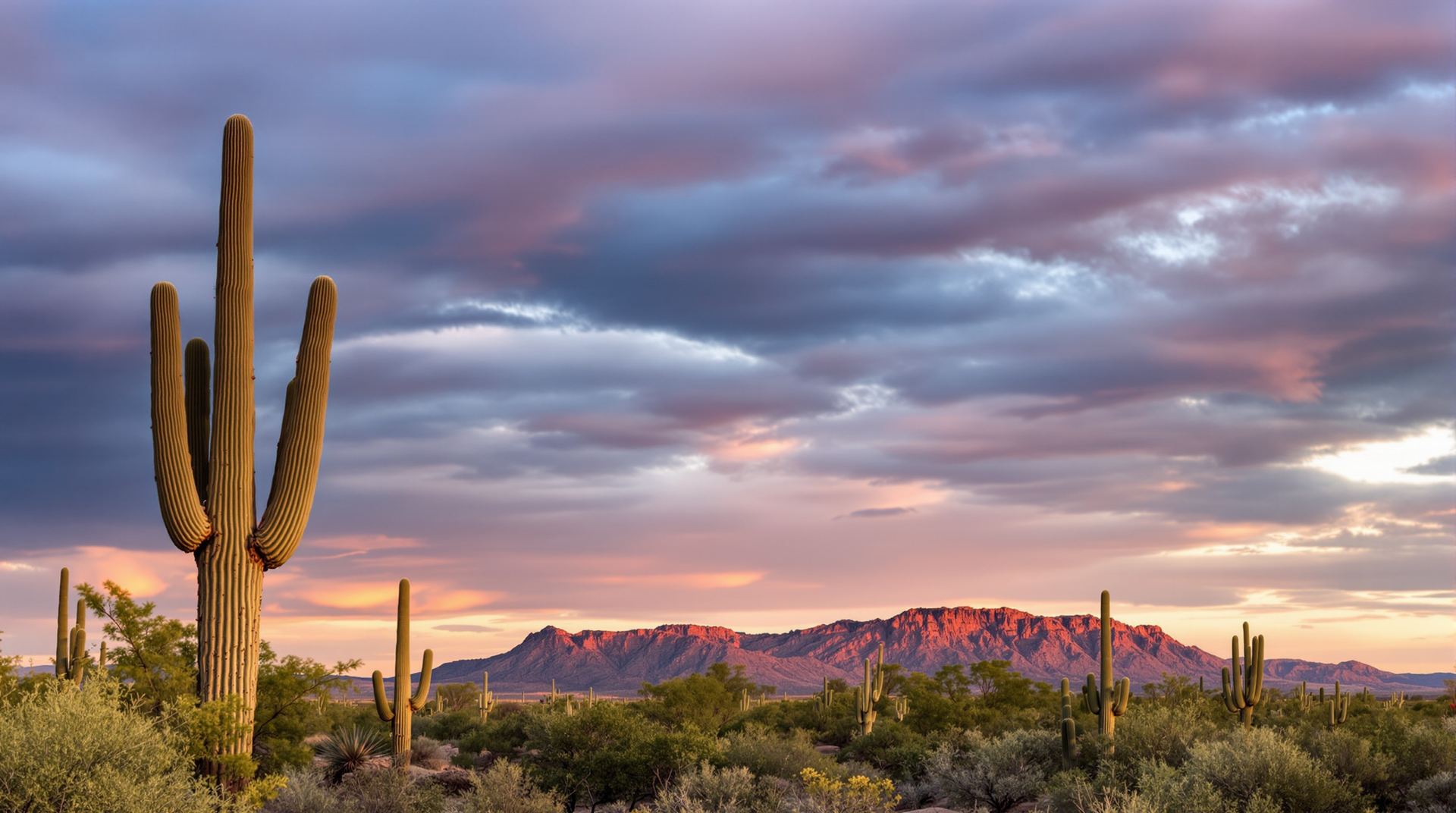 Sonoran Desert landscape with saguaro cactus and a desert mountain range in Arizona's Phoenix East Valley