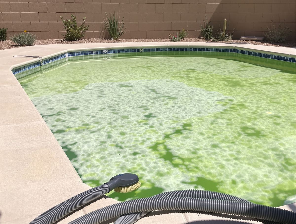 Residential swimming pool with green algae water during a recovery clean in Chandler, Arizona