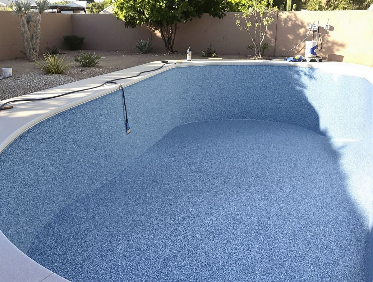 Empty pool shell with freshly applied pebble interior finish during a resurfacing in Scottsdale, Arizona