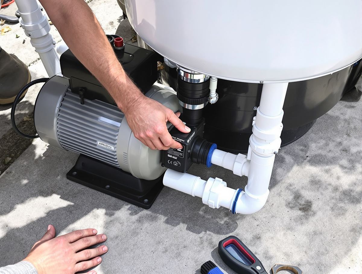 Technician installing a replacement variable-speed pool pump on an equipment pad in Mesa, Arizona
