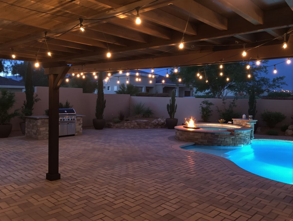 Remodeled pool deck with paver decking, ramada and fire feature at dusk in San Tan Valley, Arizona