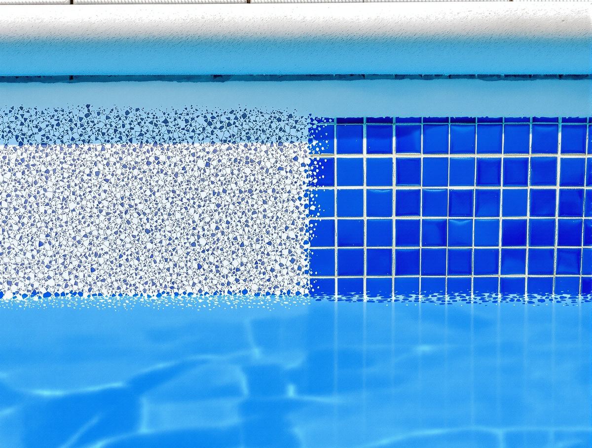 Pool waterline tile showing heavy calcium scale beside a cleaned section in Phoenix, Arizona