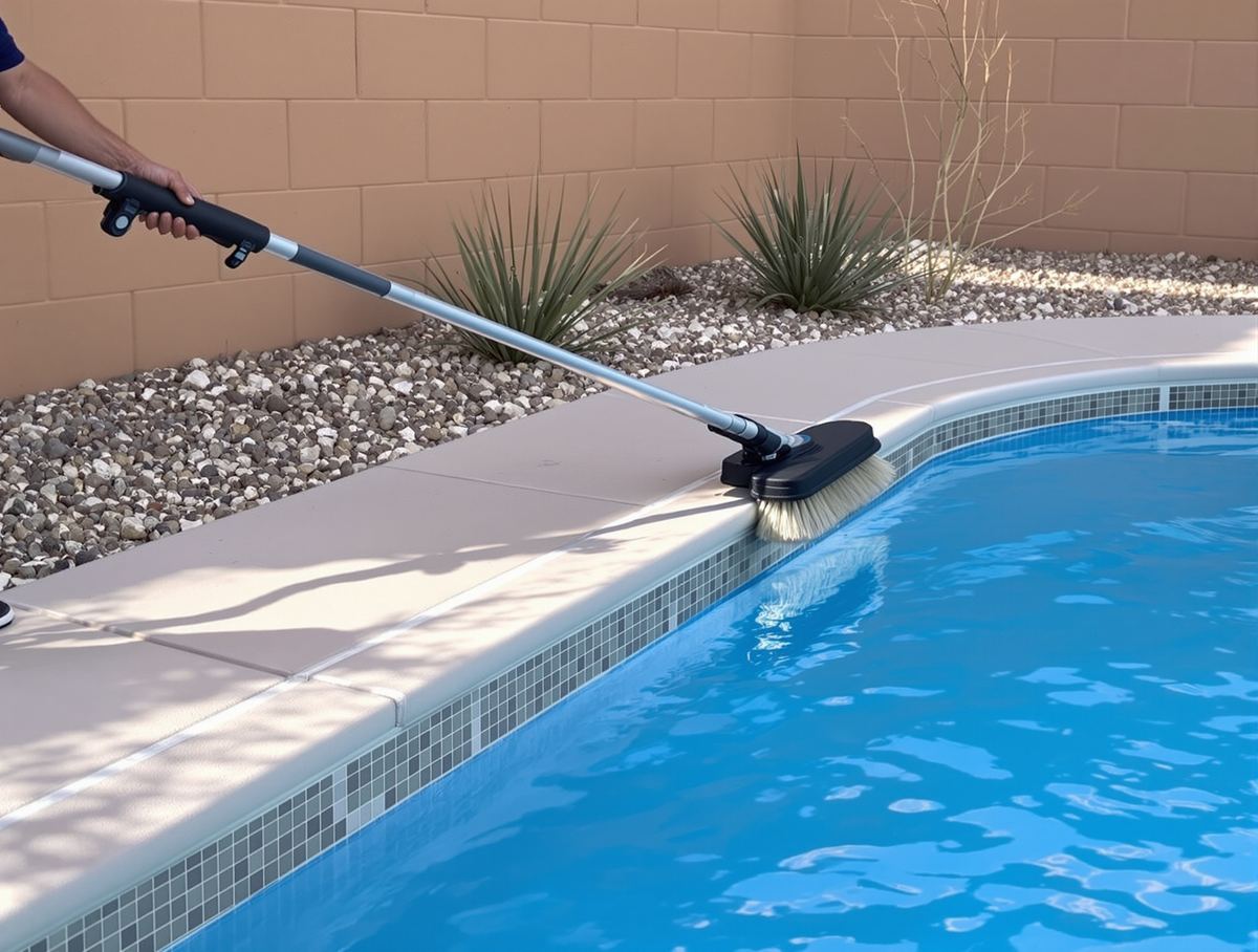 Pool technician brushing the wall of a clean residential swimming pool in Chandler, Arizona